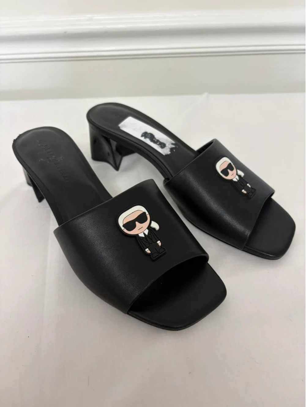 Karl Lagerfeld Paris Black Ikonik Karl Block Heel Mule Sandals Size 8.5